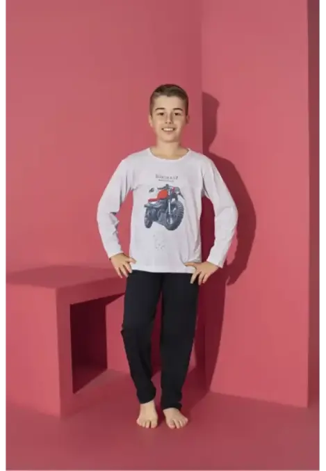 Pijama Băieți cu Mânecă Lungă și Pantaloni Lungi, Imprimeu Motoretă,Culoare Bleu,Engros