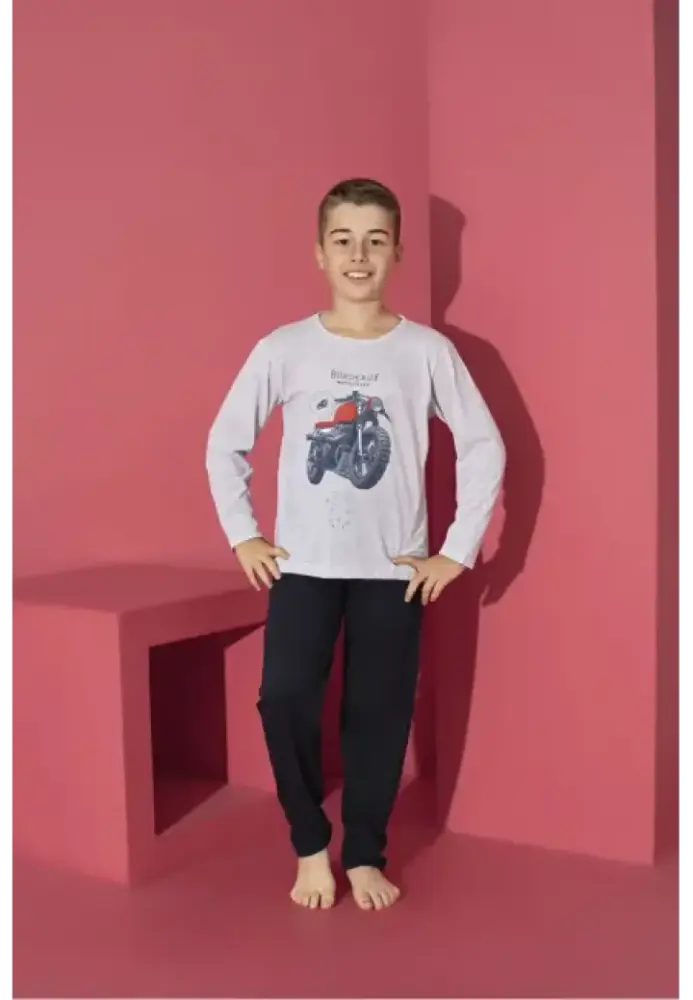 Pijama Băieți cu Mânecă Lungă și Pantaloni Lungi, Imprimeu Motoretă,Culoare Gri,Engros