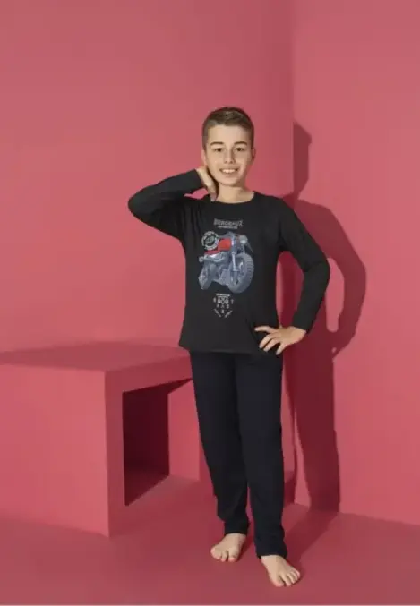 Pijama Băieți cu Mânecă Lungă și Pantaloni Lungi, Imprimeu Motoretă,Culoare Negru Engros