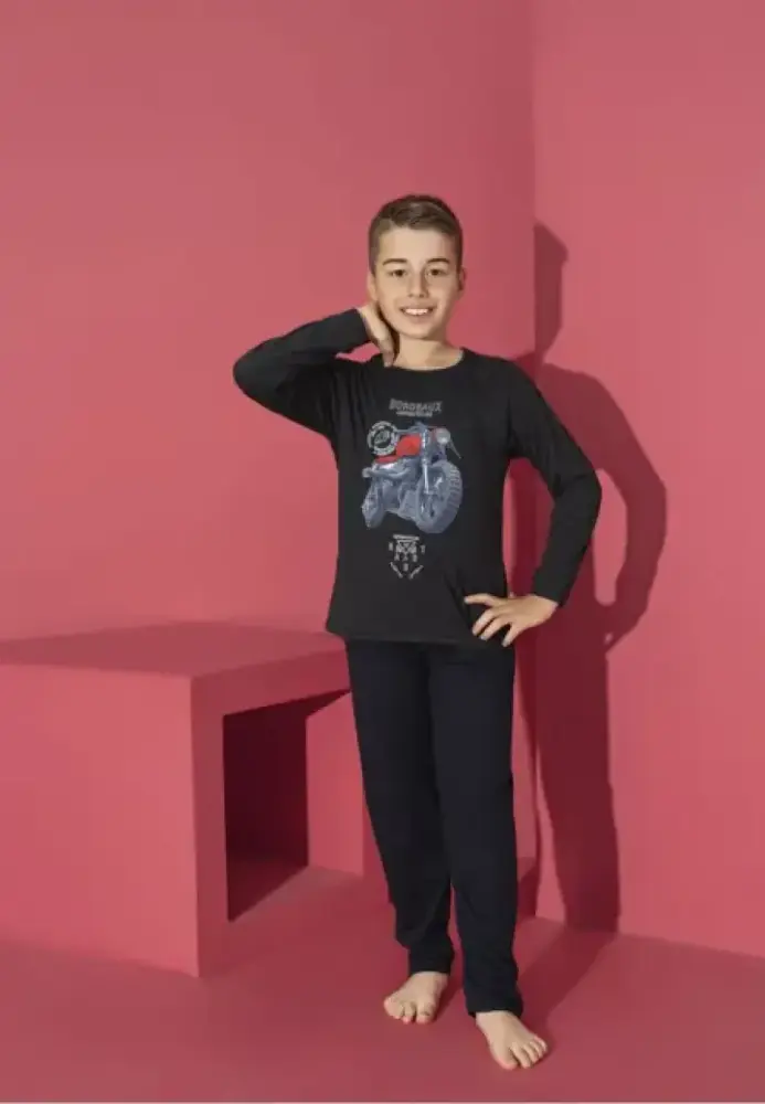 Pijama Băieți cu Mânecă Lungă și Pantaloni Lungi, Imprimeu Motoretă,Culoare Negru Engros