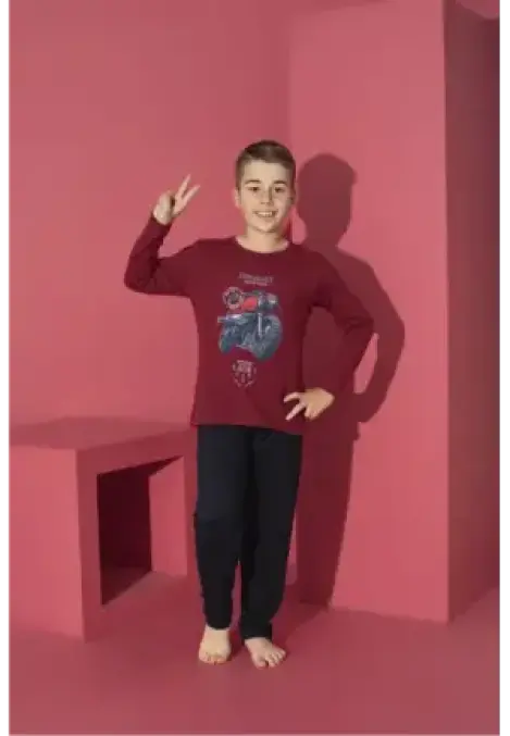 Pijama Băieți cu Mânecă Lungă și Pantaloni Lungi, Imprimeu Motoretă,Culoare Bordo,Engros