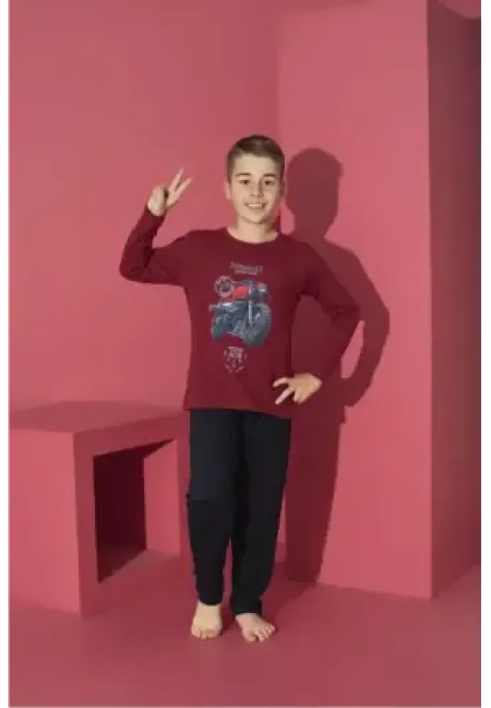 Pijama Băieți cu Mânecă Lungă și Pantaloni Lungi, Imprimeu Motoretă,Culoare Bordo,Engros