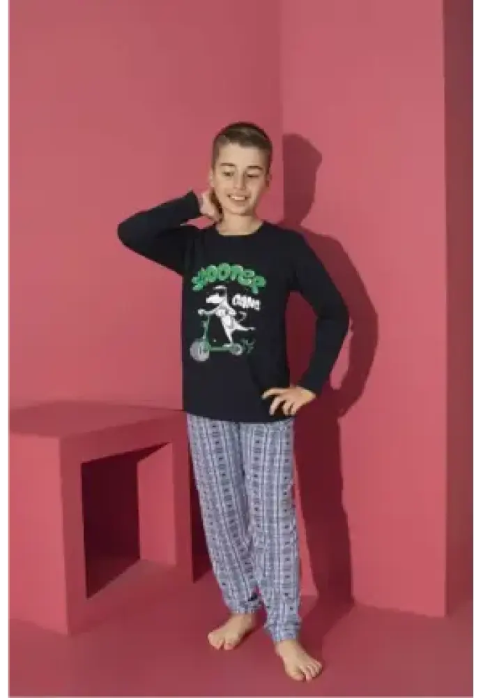 Pijama Băieți cu Mânecă Lungă și Pantaloni Lungi, Imprimeu Scooter,Culoare Bleumarin,Engros