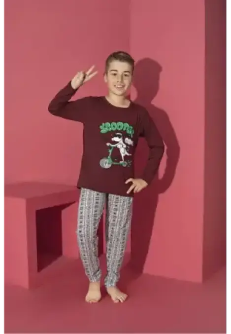 Pijama Băieți cu Mânecă Lungă și Pantaloni Lungi, Imprimeu Scooter,Culoare Bordo,Engros