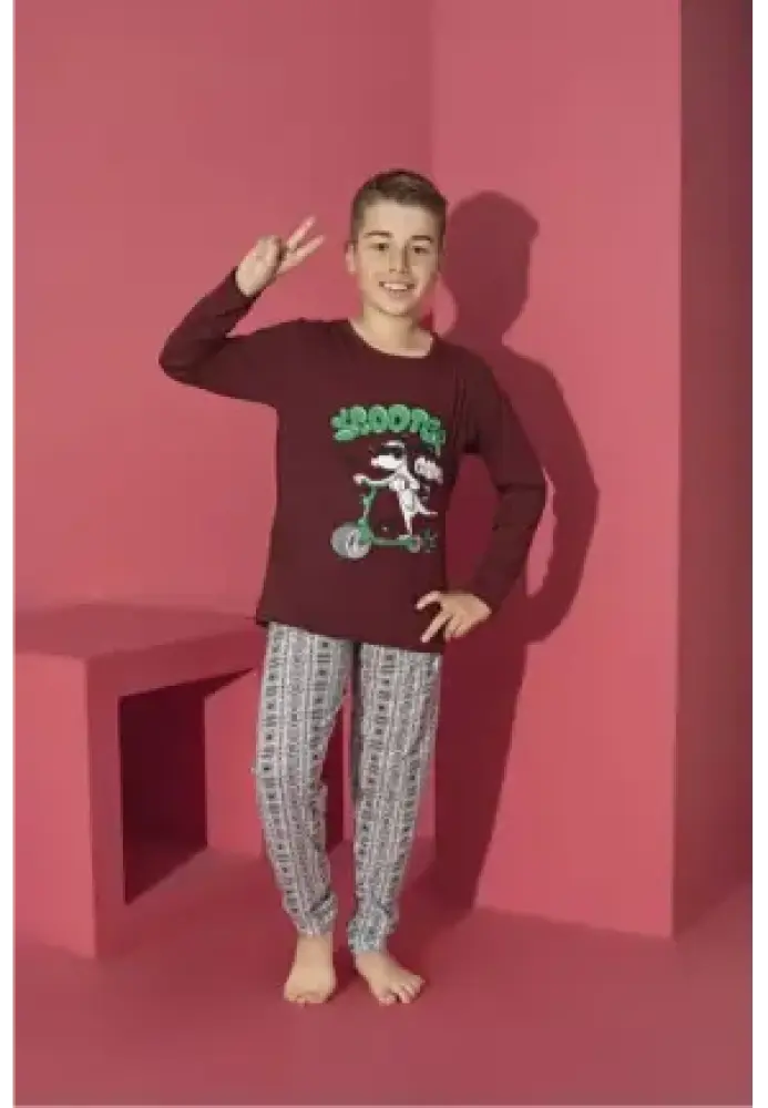 Pijama Băieți cu Mânecă Lungă și Pantaloni Lungi, Imprimeu Scooter,Culoare Bordo,Engros