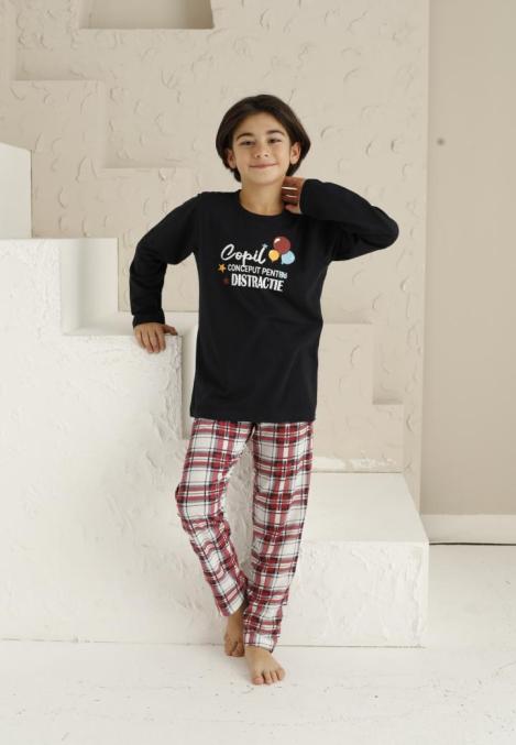 Pijama Băieți cu Maneca Lungă și Pantaloni Lungi, model ,,Copil Conceput Pentru Distractie''Culoare Negru,Engros
