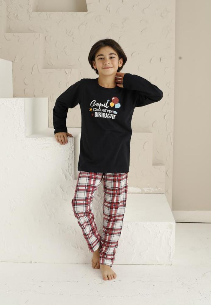 Pijama Băieți cu Maneca Lungă și Pantaloni Lungi, model ,,Copil Conceput Pentru Distractie''Culoare Negru,Engros