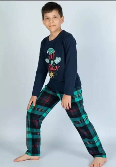 Pijama Copii, Mânecă Lungă, Pantalon Lung, Imprimeu Let it Snow, Culoare Bleumarin,Engros