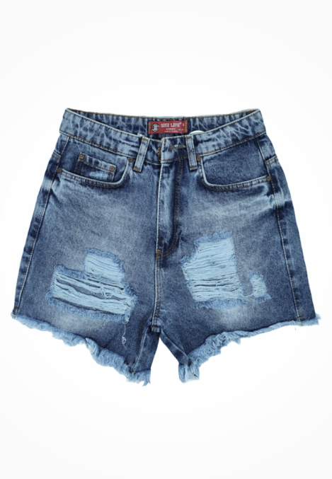 Blugi scurti damă albastri cu talie înaltă – franjuri, croială lejeră,Engros