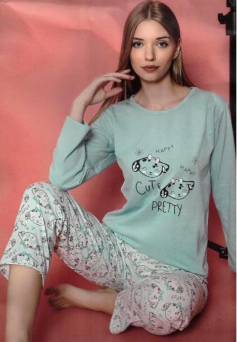 Pijama damă cu mânecă lungă și pantaloni lungi asortați, imprimeu ,,Cute, Pretty", blue,Engros