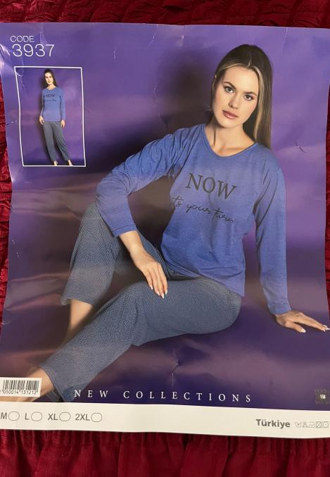 Pijamle, dama cu maneca lunga, ,albastra imprimeu negru ,Engros