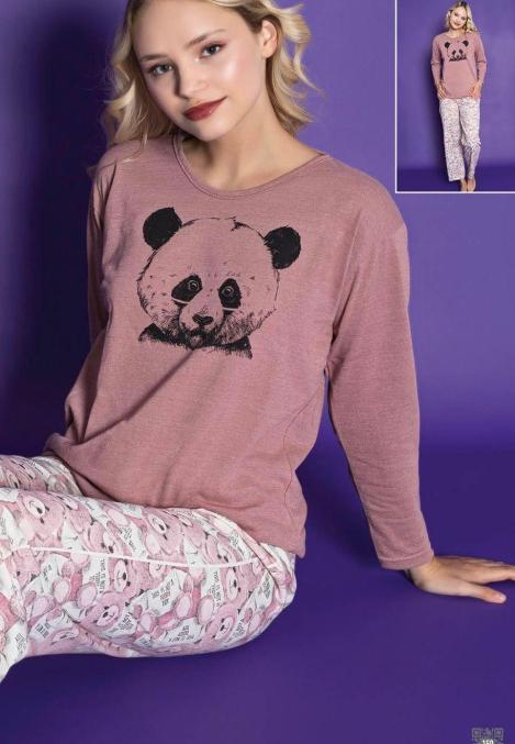 Pijamle, dama cu maneca lunga,cu imprimeu,ursulet negru,Engros