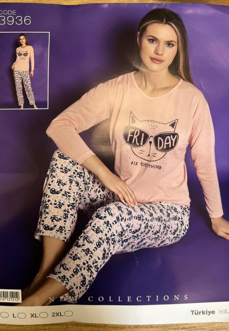 Pijamle, dama cu maneca lunga,cu imprimeu,ursulet negru,Engros