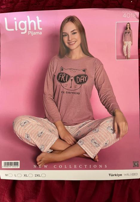 Pijamle, dama cu maneca lunga, ,roz, imprimeu pisica ,Engros