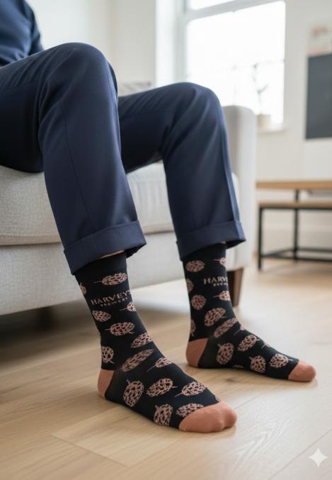 Șosete Bărbătești Organice Fără Cusătură, culoare negru cu frunze maro,Engros