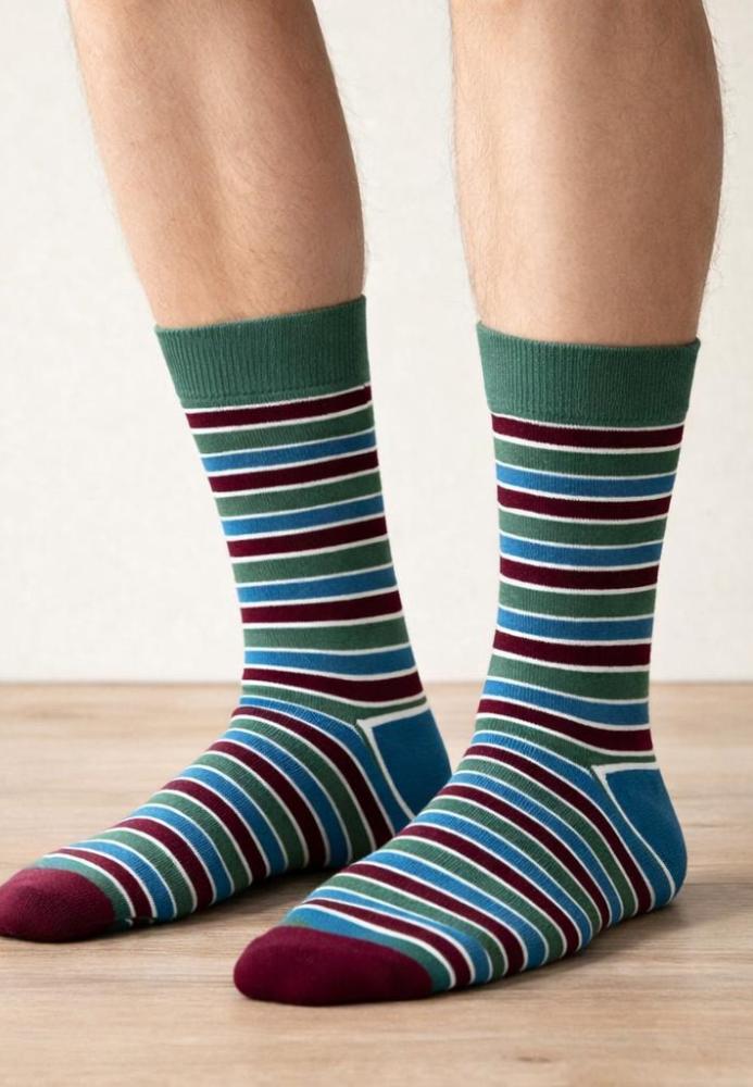 Șosete Bărbătești Organice Fără Cusătură, culoare verde cu dungi colorate ,Engros