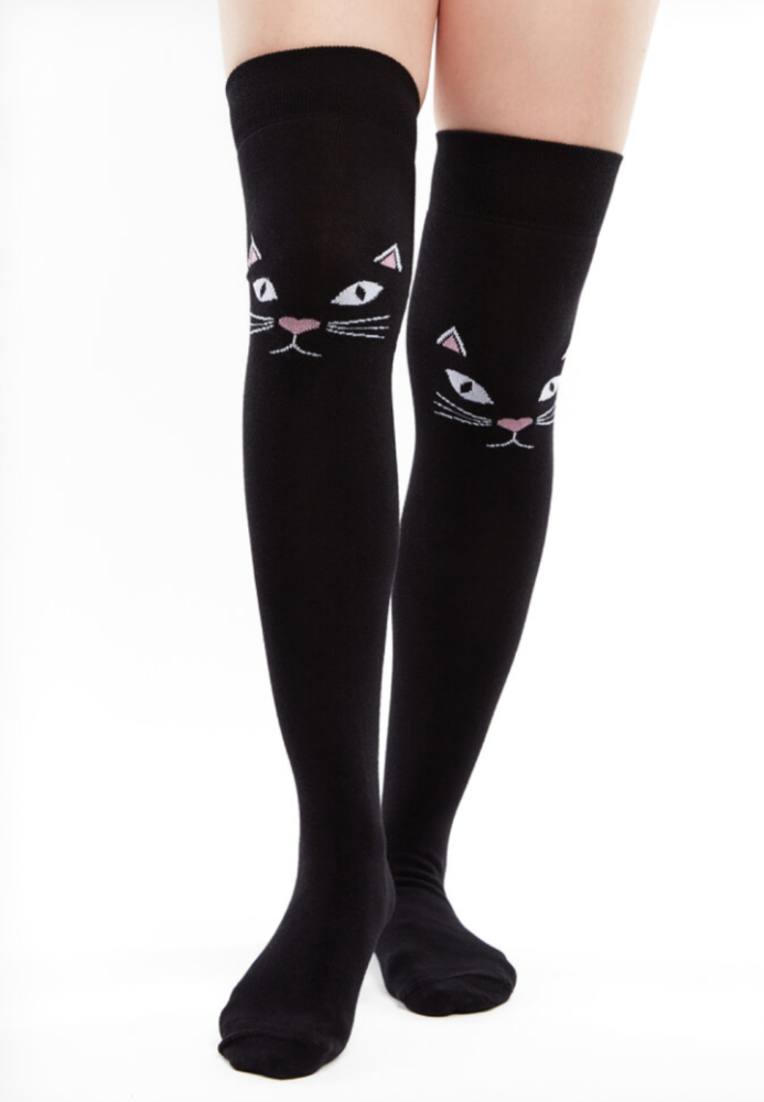 Șosete Damă peste Genuchi, Imprimeu Pisicuță, Negru,Engros