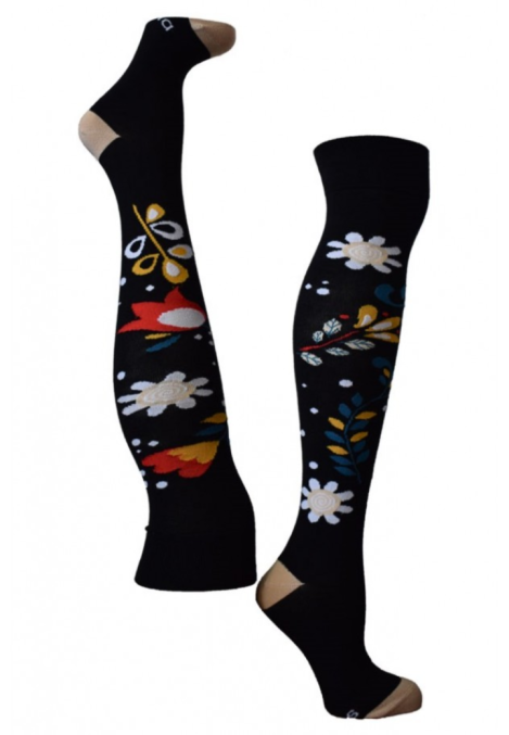 Șosete Damă peste Genuchi, Imprimeu Floral ,Culoare Negru,Engros