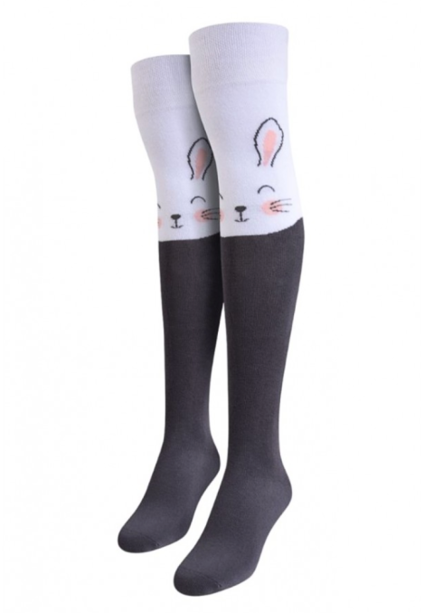 Șosete Damă peste Genuchi, Imprimeu Iepuras,Culoare Gri -Alb,Engros