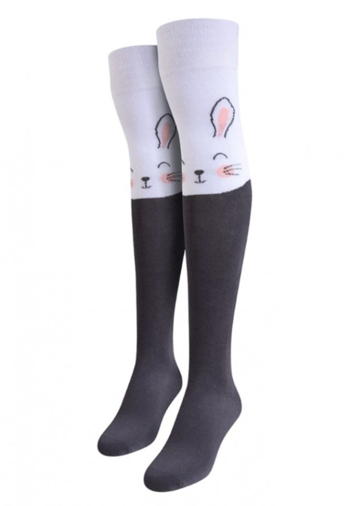 Șosete Damă peste Genuchi, Imprimeu Iepuras,Culoare Gri -Alb,Engros