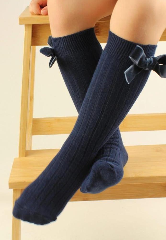 Șosete fetițe 3/4, bumbac, cu fundiță decorativă,Bleumarin, Engros