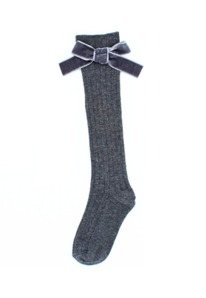 Șosete fetițe 3/4, bumbac, cu fundiță decorativă,Gri, Engros