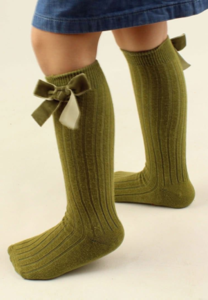 Șosete fetițe 3/4, bumbac, cu fundiță decorativă,Kaki, Engros