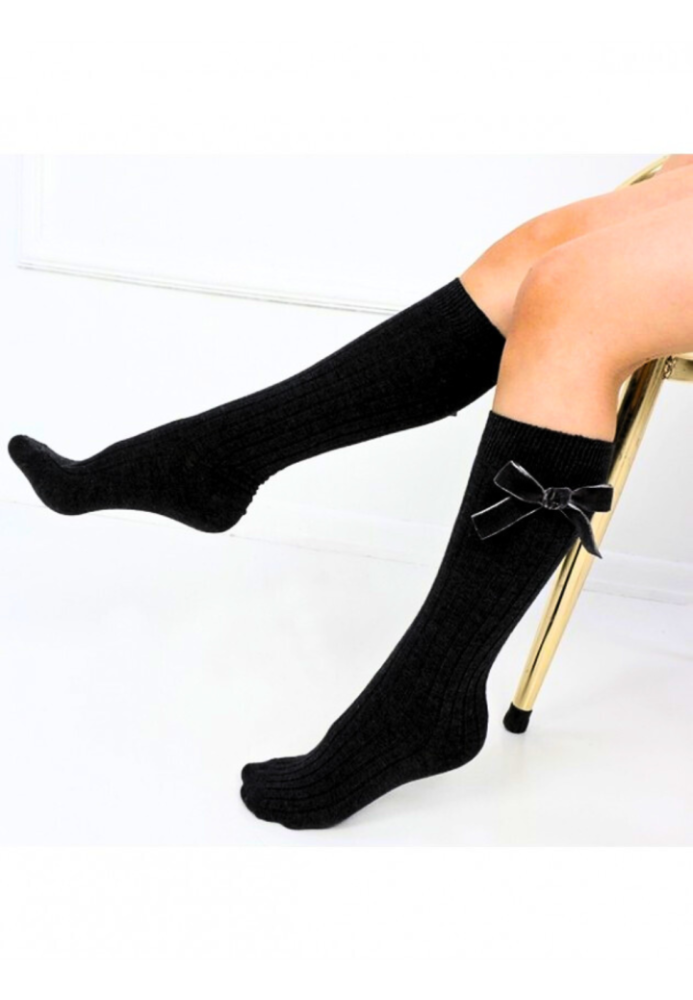 Șosete fetițe 3/4, bumbac, cu fundiță decorativă,Negru, Engros